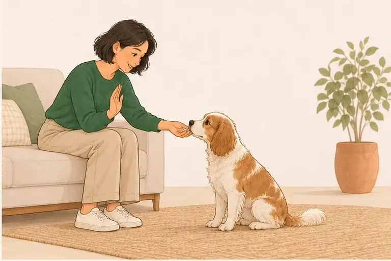 Dog glances up at the woman; she leans forward and reaches a treat toward the dog's mouth after the dog looks.