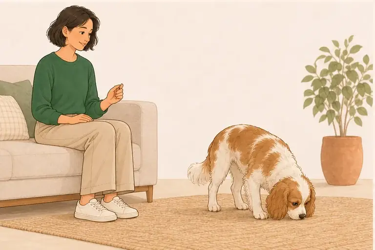 Dog looks away sniffing the floor; woman sits holding a treat at her side and waits quietly.