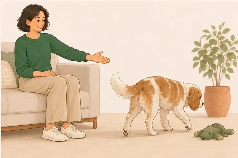 Woman relaxes and gestures a friendly release; dog turns away and walks off toward a toy.